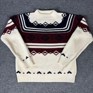 Vintage JCPenney Sweater Mens Small Cream Fair Isle Cable Knit Pullover 80s